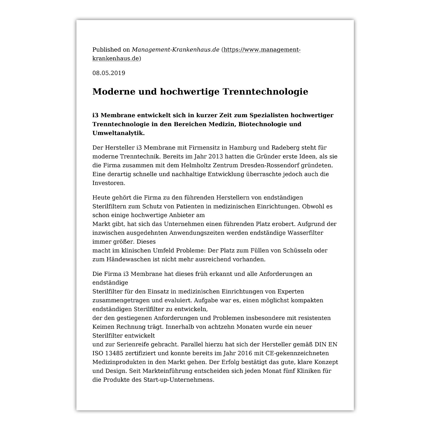 Moderne und hochwertige Trenntechnologie